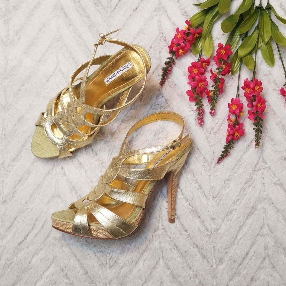 Charles David Gold Sandals Heels Size 8 - Picture 2 of 5